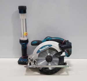 2 PIECE MAKITA LOT CONTAINING 18V CIRCULAR SAW WITH DISK AND 18V LAMP