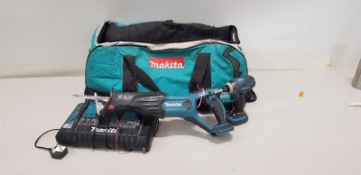 4 PIECE MIXED MAKITA LOT CONTAINING MAKKITA 18V RECRIPACATING SAW, 18V MAKKITA DRILL AND A MAKKITA 2 POINT CHARGING STATION AND LARGE MAKKITA TOOL BAG