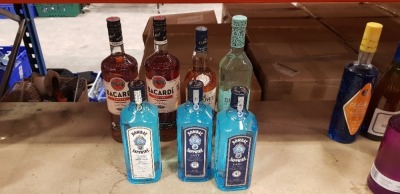 7 X PIECES MIXED ALCOHOL LOT CONTAINING 3 X BOMBAY SAPPHIRE DRY GIN, 2 X BACARDI SPIRIT DRINK ETC