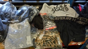 19 PIECE LOT TO INCLUDE ADIDAS SHORTS , JACK JONES HOODIE , SUPERDRY TOP , ADIDAS JOGGERS , SUPERDRY SWEATER , SELECTED HOMME T-SHIRT , AND JEANS SHORTS ALL IN VARIOUS SIZES AND COLOURS