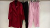 33 PIECE MIXED CLOTHING LOT CONTAINING BURTON MENSWEAR TROUSERS, DOROTHY PERKINS NAVY AND RED COAT, MISS SELFRIDGE BLAZER, TOPSHOP PINK TROUSERS AND EVANS BLACK PANTS ETC