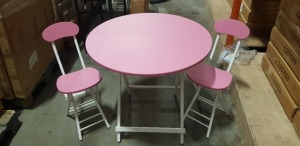 2 X PINK ROUND TABLES DIAMETER 80CM AND 4 X PINK FOLDABLE CHAIRS (NOTE: FACTORY GRADED SOME VENEER LIFTING, SCUFFS OR SCRATCHES)