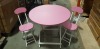 2 X PINK ROUND TABLES DIAMETER 80CM AND 4 X PINK FOLDABLE CHAIRS (NOTE: FACTORY GRADED SOME VENEER LIFTING, SCUFFS OR SCRATCHES)