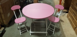 2 X PINK ROUND TABLES DIAMETER 80CM AND 4 X PINK FOLDABLE CHAIRS (NOTE: FACTORY GRADED SOME VENEER LIFTING, SCUFFS OR SCRATCHES)