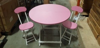 2 X PINK ROUND TABLES DIAMETER 80CM AND 4 X PINK FOLDABLE CHAIRS (NOTE: FACTORY GRADED SOME VENEER LIFTING, SCUFFS OR SCRATCHES)