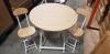 2 X OAK COLOURED ROUND TABLES DIAMETER 80CM AND 4 X OAK FOLDABLE CHAIRS (NOTE: FACTORY GRADED SOME VENEER LIFTING, SCUFFS OR SCRATCHES)