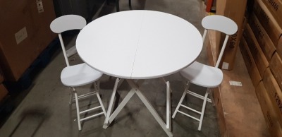 2 X WHITE ROUND TABLES DIAMETER 80CM AND 4 X WHITE FOLDABLE CHAIRS (NOTE: FACTORY GRADED SOME VENEER LIFTING, SCUFFS OR SCRATCHES)