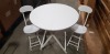 2 X WHITE ROUND TABLES DIAMETER 80CM AND 4 X WHITE FOLDABLE CHAIRS (NOTE: FACTORY GRADED SOME VENEER LIFTING, SCUFFS OR SCRATCHES)