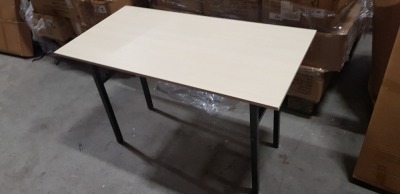 4 X BOXED OAK COLOURED FOLDABLE RECTANGULAR TABLES 60CM X 120CM (SOME MINOR SCUFFING)