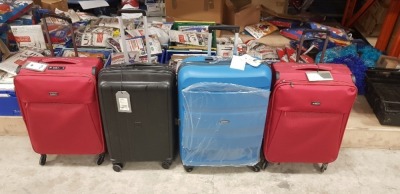 4 PIECE MIXED SUITCASE LOT CONTAINING 2 X ANTLER SUITCASES 2.2KG, AMERICAN TORISTA SUITCASE 30 INCH AND A ANTLER ROCHESTER 3.6KG SUITCASE IN BLACK RRP £180 (PLEASE NOTE THESE ARE SECONDS - HANDLES DO NOT WORK PROPERLY)