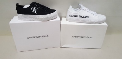 9 X BRAND NEW MIXED CALVIN KLEIN SHOE LOT CONTAINING 7X CALVIN KLEIN ZOLAH LOW TOP LACE CANVAS TRAINERS IN SIZE UK 3.5 AND 2 X CALVIN KLEIN IANTHA LOW TOP LACE UP CANVAS TRAINERS IN WHITE SIZE UK 3.5