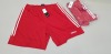 27 X BRAND NEW ADIDAS RED SERENO 3 STRIPE SHORTS IN SIZE UK MEDIUM