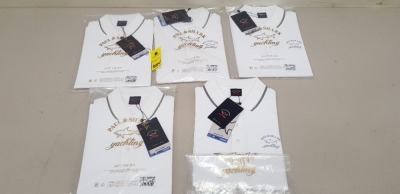 5 X BRAND NEW PAUL AND SHARK WHITE POLO SHIRTS WITH GREY STRIPE COLLAR IN SIZES XS,S,M AND L