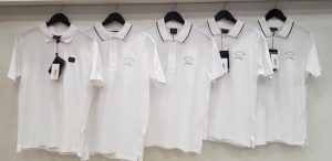 5 X BRAND NEW PAUL AND SHARK LOT CONTAINING 4 X WHITE POLO SHIRTS WITH GREY STRIPE COLLAR IN SIZES S,M AND L AND 1 X PAUL AND SHARK PURE WHITE POLO SHIRT IN SIZE SMALL