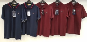 5 X BRAND NEW PAUL AND SHARK LOT CONTAINING 3 X PAUL AND SHARK MAROON POLO SHIRTS IIN SIZES MEDIUM AND LARGE AND 2 X PAUL AND SHARK NAVY AND RED POLO SHIRTS IN SIZES UK LARGE AND XL