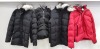 4 X BRAND NEW MIXED 4BIDDEN COAT LOT CONTAINING 2 X VOLT BLACK PARKA SIZE M AND XL 1 X MAJESTIC BLACK BUBBLE COAT SIZE LARGE AND 1X 4BIDDEN LIGHTENING RED JACKET SIZE XL