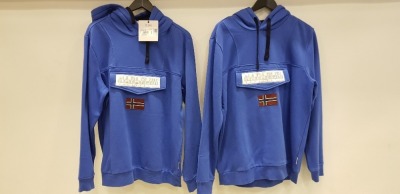 2 X BRAND NEW NAPAPIJRI GEOGRAPHIC HOODED JUMPERS WITH POCKET POUCH IN DAZZLING BLUE IN SIZES XL