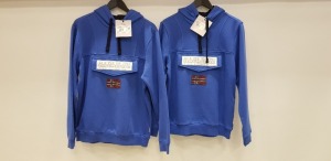 2 X BRAND NEW NAPAPIJRI GEOGRAPHIC HOODED JUMPERS WITH POCKET POUCH IN DAZZLING BLUE IN SIZES LARGE AND SMALL