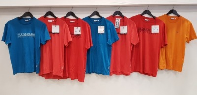 7 X BRAND NEW NAPAPIJRI CREW NECK LOGO T-SHIRTS IN VARIOUS COLOURS AND SIZE UK SMALL. LARGE AND XL