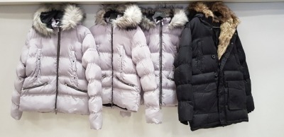 4 X 4BIDDEN COAT LOT CONTAINING 1 X TORNADO FUR PARKA IN BLACK SIZE LARGE AND 3 X 4BIDDEN MAJESTIC FUR HOODED BUBBLE COATS IN GREY SIZES M, L AND XL