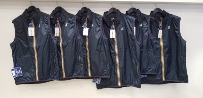 6 X BRAND NEW K-WAY GILETS IN NAVY SIZES SMALL, MEDIUM, LARGE AND 2XL