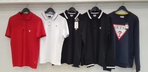 5 X PIECE MIXED GUESS CLOTHING LOT CONTAINING RED GUESS POLO SIZE SMALL, WHITE GUESS POLO SIZE SMALL, 2X BLACK LONG SLEEVED POLO SHIRT SIZE MEDIUM AND LARGE AND 1 X GUESS CREW NECK JUMPER SIZE XL