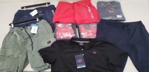 8X PIECE MIXED PAUL AND SHARK CLOTHING LOT CONTAINING PAUL AND SHARK BLACK POLO SHIRT, PAUL AND SHARK NAVY SHORTS, PAUL AND SHARK NAVY WINTER FLEECE AND 5 X PAUL AND SHARK SHORTS IN VARIOUS COLOURS