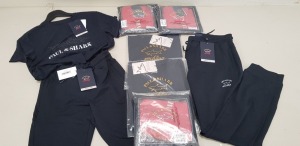 8 X PIECE MIXED PAUL AND SHARK CLOTHING LOT CONTAINING 3 X PAUL AND SHARK NAVY REFLEX CREW KNECK T-SHIRTS AND 1 X PAUL AND SHARK NAVY JOGGING BOTTOMS AND 1 X PAUL AND SHARK NAVY SHORTS AND 3 X RED PAUL AND SHARK SHORTS