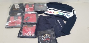 8 X PIECE MIXED PAUL AND SHARK CLOTHING LOT CONTAINING PAUL AND SHARK SHORTS IN RED AND NAVY, PAUL AND SHARK LONG SLEEVED JUMPER, PAUL AND SHARK NAVY JOGGING SHORTS ETC