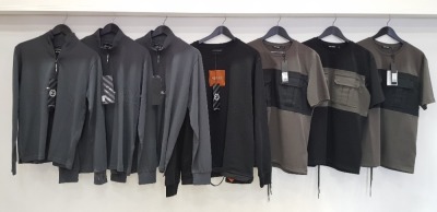 7 X BRAND NEW MIXED CLOTHING LOT CONTAINING 3 X ANTONY MORATO CREW NECK 2 POCKET T-SHIRTS IN BLACK AND KHAKI SIZE UK SMALL AND MEDIUM AND 1 X MARSHALL ARTIST BLACK LIQUID RIPSTOP LONG SLEEVED JUMPER IN SIZE UK XL AND 3 X MARSHALL ARTIST SIREN FUNNEL 1/4 Z