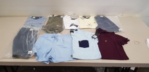 9 X PIECE MIXED LYLE AND SCOTT CLOTHING LOT CONTAINING LYLE AND SCOTT LICHEN GREEN CHINO SHORTS, ROYAL BLUE STRIPE RINGER T-SHIRT AND NAVY CARGO SHORTS ETC