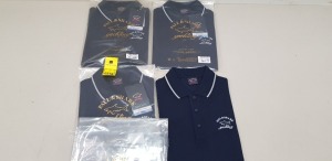 4 X BRAND NEW PAUL AND SHARK REFLEX NAVY POLO SHIRTS WITH GREY STRIPE COLLAR IN SIZES XS AND SMALL