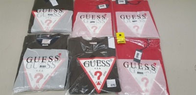 6 X BRAND NEW GUESS LOT CONTAINING 3 X GUESS RED CREW NECK LOGO T-SHIRTS IN SIZES MEDIUM, LARGE AND XXL AND 3 X GUESS SUPERFINE LAMBSWOOL CREW NECK JUMPERS IN STONE BLUE MELANGE SIZES LARGE