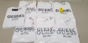 7 X BRAND NEW GUESS WHITE LOGO CREW NECK T SHIRTS IN SIZES SMALL MEDIUM, LARGE AND XXL