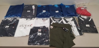 14 X PIECE MIXED GUESS CLOTHING LOT CONTAINING GUESS WHITE POLO SHIRTS, GUESS NAVY POLO SHIRTS, BLACK AND WHITE GUESS POLO SHIRTS, WHITE GUESS CREW NECK T SHIRTS AND GUESS JOGGING BOTTOMS ETC