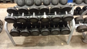 1 X USED DUMBBELL RACK COMES WITH 6 SETS OF DUMBBELLS WITH PLASTIC WEIGHTS AND ROTATING HANDLES -RANGING FROM ( 28KG , 30KG , 32KG , 34KG, 36KG AND 38KG DUMBBELLS )