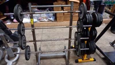 1 X USED TECHNOGYM BARBELL RACK COMES WITH 4 BARBELLS WITH METAL HANDLE AND WEIGHTS RANGING FROM ( 25 KG , 30 KG , 35 KG , 40 KG WEIGHTS ) ( PLEASE NOTE 1 BARBELL WITH 20KG WEIGHT MISSING )