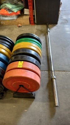 1 X USED PLATE RACK AND BARBELL ( 20KG ) COMES WITH RUBBER PLATED WEIGHTS RANGING FROM ( 5KG , 10KG, 15KG , 20KG , 25 KG SETS OF 2 PLATES FOR EACH WEIGHT )