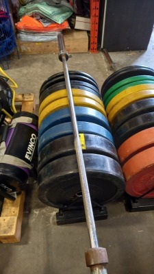 1 X USED PLATE RACK AND BARBELL ( 15KG ) COMES WITH RUBBER PLATED WEIGHTS RANGING FROM ( 5KG , 10KG, 15KG , 20KG , 25 KG SETS OF 2 PLATES FOR EACH WEIGHT )