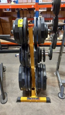 1 X USED GYMANO ELITE WEIGHT PLATE RACK COMES WITH SET OFF PLATED WEIGHTS RANGING FROM ( 1.25KG UP TO 25 KG )