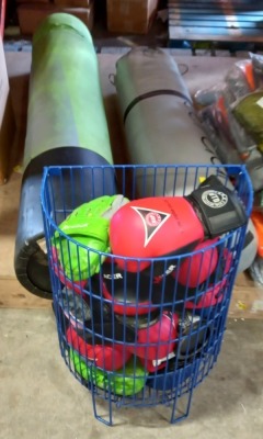 2 X USED MARTIAL ARTS PUNCHING BAGS ( ONE WITH HANGING HOOKS ONE WITHOUT HOOKS ) COMES WITH CAGE FULL OF USED BOXING GLOVES AND PADS