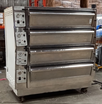 TOM CHANDLEY LTD VERY LARGE HEAVY DUTY ELECTRIC 4 TIER PIZZA OVEN ( SERIAL NO. 3725) EASILY MOVABLE AS ITS ON WHEELS ( DIMENSION (1.95 CM HEIGHT - 1.10CM WIDTH - 1.85 CM LENGTH )