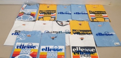 19 PIECE MIXED ELLESSE CLOTHING LOT CONTAINING FEDORA T SHIRT IN WHITE, OFF RED WHITE T SHIRT, VOODOO T SHIRT, FONDATO T SHIRT IN BLUE AND PIROZZI T SHIRT IN YELLOW ETC