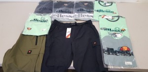 20 PIECE MIXED ELLESSE CLOTHING LOT CONTAINING ELLESE SHORTS, ELLESSE SHORTS IN GREEN AND KHAKI, ARBATAX T SHIRTS, POLO SHIRT AND TASSO SHORTS ETC