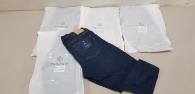 5 PIECE MIXED GANT JEAN LOT CONTAINING 4 X SLIM ACTIVE RECOVER JEANS IN VARIOUS SIZES AND 1 X DARK BLUE WARNING JEANS