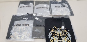 10 PIECE MIXED ANTHONY MORATO CLOTHING LOT CONTAINING 6 X GRUNGE WARDROBE BLACK SWEATER . JUMPERS IN VARIOUS SIZES AND 4 X 2 POCKET T SHIRTS IN VARIOUS SIZES