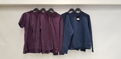 5 PIECE MIXED MASTRUM CLOTHING LOT CONTAINING 2 X HEAVY WEIGHT CREW NECK SWEATER SIZE SMALL AND 3 X LONG SLEEVED POLO SHIRTS IN AUBERGINE SIZE SMALL