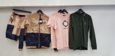 5 PIECE MIXED MASTRUM CLOTHING LOT CONTAINING 1 X BOMBER JACKET IN SAND SIZE SMALL, 1 X CARGO PANTS SIZE MEDIUM, 2 X CREW NECK PINK T SHIRTS SIZE SMALL AND 1 X LONG SLEEVED POLO SHIRT SIZE SMALL