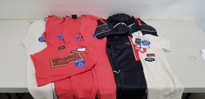 8 PIECE MIXED MERCIER CLOTHING LOT CONTAINING WASH BADGE T SHIRTS IN RED AND CREAM, FULL TRACKSUIT IN BLACK AND RED AND JOGGING BOTTOMS IN RED AND CREAM ETC