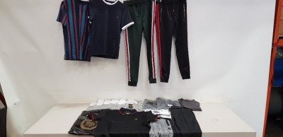 20 PIECE MIXED CLOTHING LOT CONTAINING NIMES PANEL T SHIRTS IN WHITE AND BLACK, DOG TOOTH T SHIRTS, PROJECT X JOGGING BOTTOMS IN VARIOUS COLOURS AND FARAH CREW NECK T SHIRTS IN VARIOUS COLOURS AND SIZES ETC